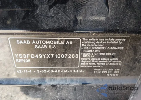 2007 Saab 9-3 2.0T from USA, damaged, VIN YS3FD49YX71007288